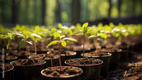 Rows of planted saplings in a reforestation area, gardening tools, symbolizing the efforts and impact of ecological restoration activities, Photoreali