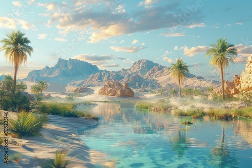 Desert oasis in 3D, sand dunes and mirages, serene and vast