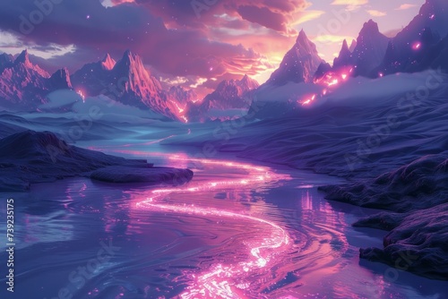 3D digital art landscape  surreal mountains and glowing rivers  fantasy world