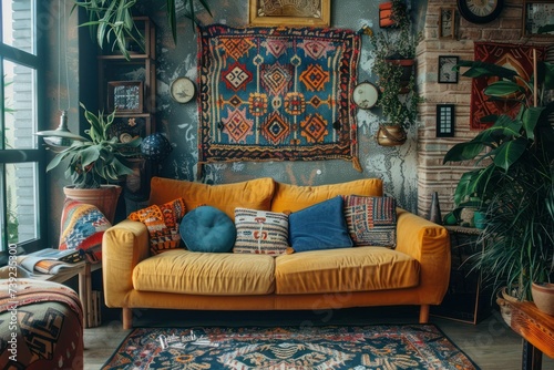 Bold colors and eclectic patterns define this artistic and free-spirited Bohemian style wallpaper © Manyapha