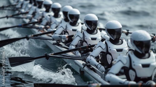 The teamwork and coordination involved in a robot rowing team photo