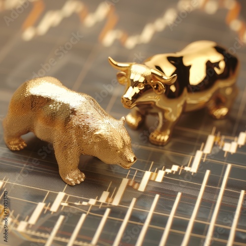 A golden bear and bull on a stock market chart alluding to market volatility photo