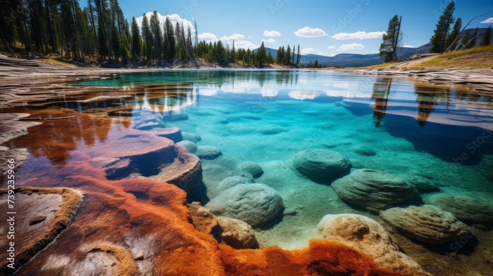 Geysers and hot springs in Yellowstone National Park, vibrant colors, steam rising, showcasing the unique and dynamic earth processes, Photorealistic,