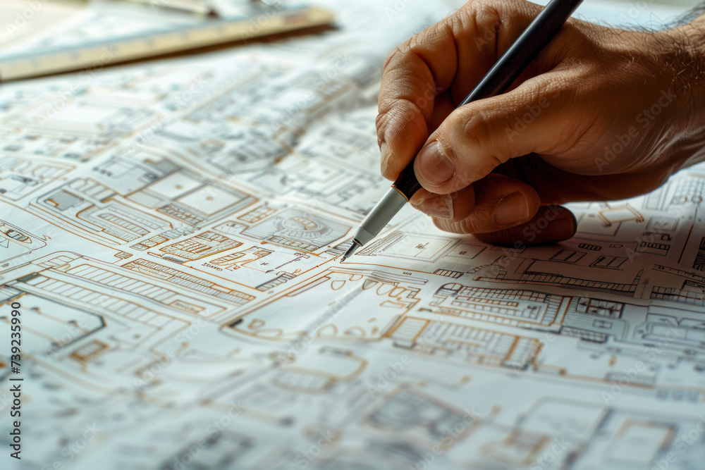 Concept architects, engineer holding pen pointing equipment architects. Concept architects, engineer holding pen pointing equipment architects.
