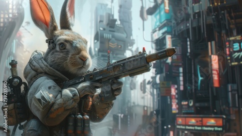 An unusual blend of nature and technology revealing a rabbit holding an advanced gun in the heart of a sprawling cyberpunk cityscape photo