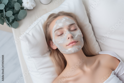Spa salon accessories. Rest and relaxation. Skin care product package design. Woman in white spa salon with mask on face.