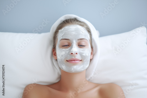 Spa salon accessories. Rest and relaxation. Skin care product package design. Woman in white spa salon with mask on face.