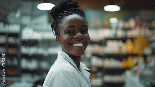 Smiling african american female pharmacist in drugstore store © Diana Zelenko