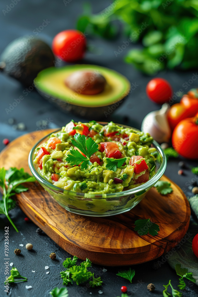 Homemade guacamole with parsley, tomato and fresh avocado in glass bowl on wooden board Homemade guacamole with parsley, tomato and fresh avocado in glass bowl on wooden board