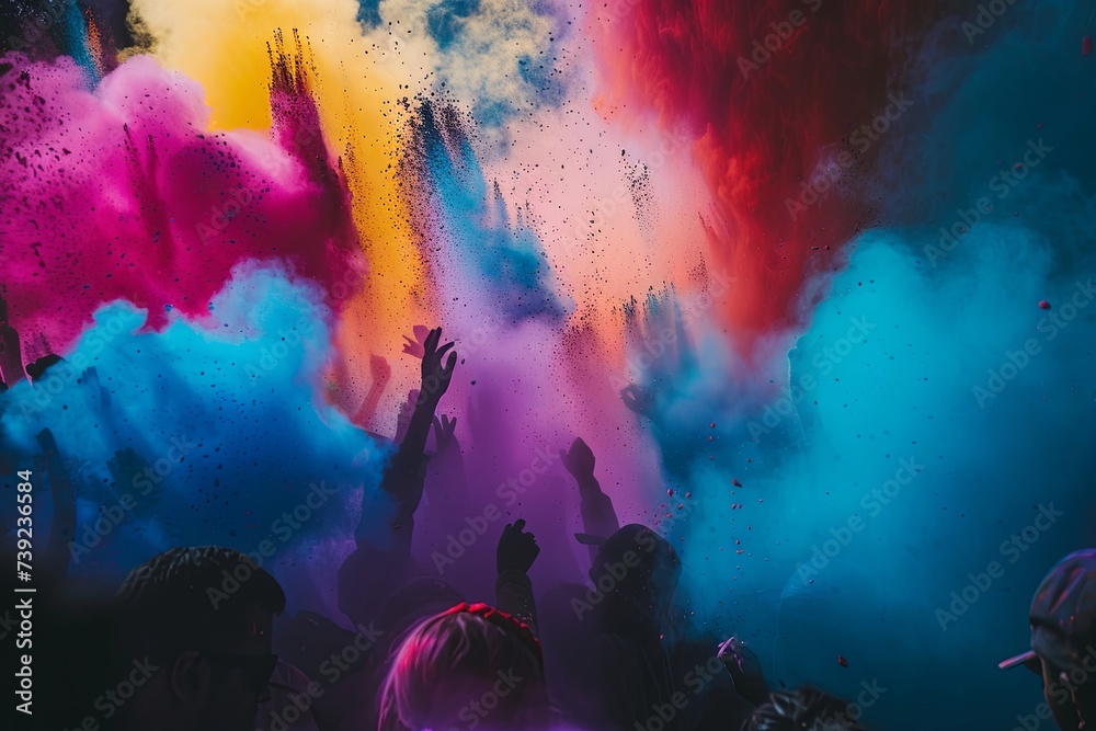 Fototapeta premium Crowd throwing bright coloured powder paint in the air, Holi Festival Dahan. People dancing, playing with Colors, Indian city skyline and celebrating Holi festival.