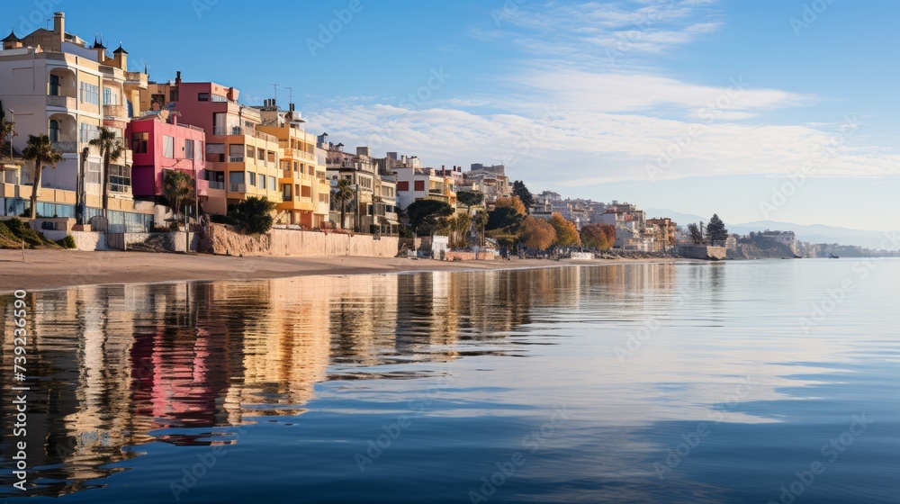 Panoramic view of a vibrant beach town at sunrise, colorful buildings along the shoreline, calm sea reflecting the morning hues, Photography, panorami