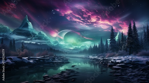 Northern lights (Aurora Borealis) over an icy landscape, vibrant green and purple hues, capturing the ethereal beauty of polar skies, Photorealistic,
