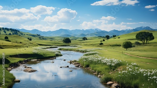 Wide view of rolling hills and meadows covered in wildflowers, picturesque and serene, capturing the idyllic beauty of rural landscapes, Photorealisti