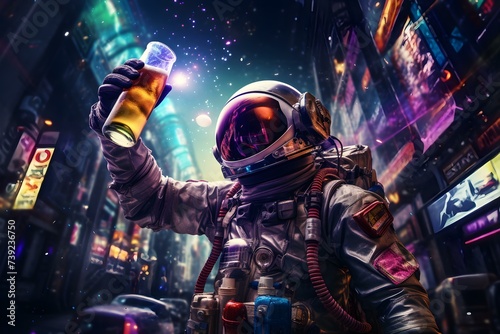 Astronaut partying in full gear at a rave drink in hand. Concept Astronaut Costume, Party Props, Space-Themed Decor, Rave Accessories, Celebration Attire © Anastasiia