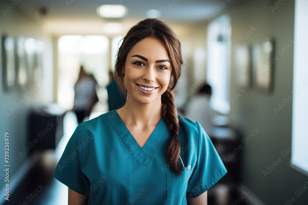 Fototapeta premium Healthcare provider, doctor or nurse wearing blue scrubs