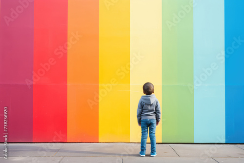 Boy standing near rainbow colored wall photo