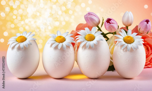 A group of white eggs on bright studio background placed next to a tulips and daisy spring flower. Easter, Pascha or Resurrection Sunday, Christian festival and cultural holiday concept
