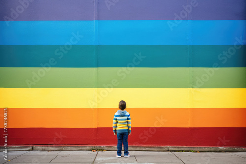 Boy standing near rainbow colored wall