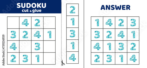 Sudoku with four floral numbers 1, 2, 3, 4. Game puzzle for kids. Cut and glue. Doodle