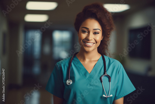 Healthcare provider, doctor or nurse wearing blue scrubs