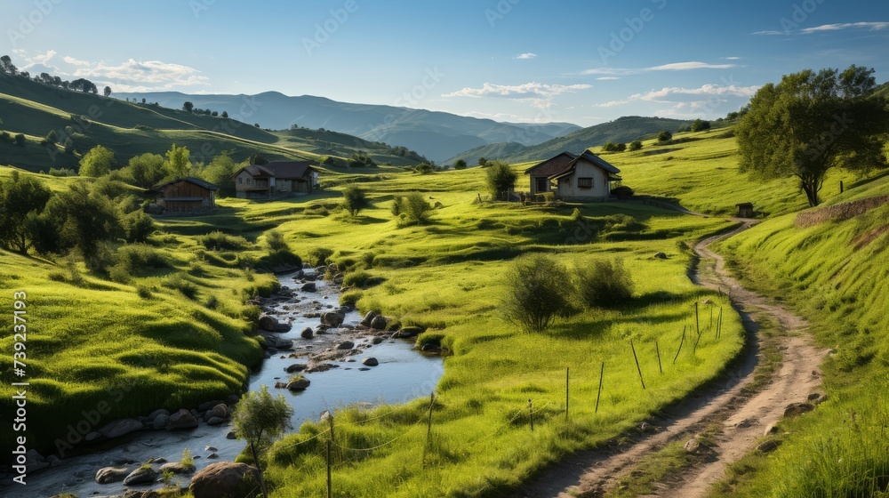 Rolling green hills of a countryside village at sunrise, traditional cottages, farm animals grazing, capturing the idyllic and peaceful rural life, Ph