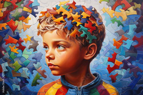 Little boy with colorful puzzle pieces in his hair © Ekaterina Pokrovsky
