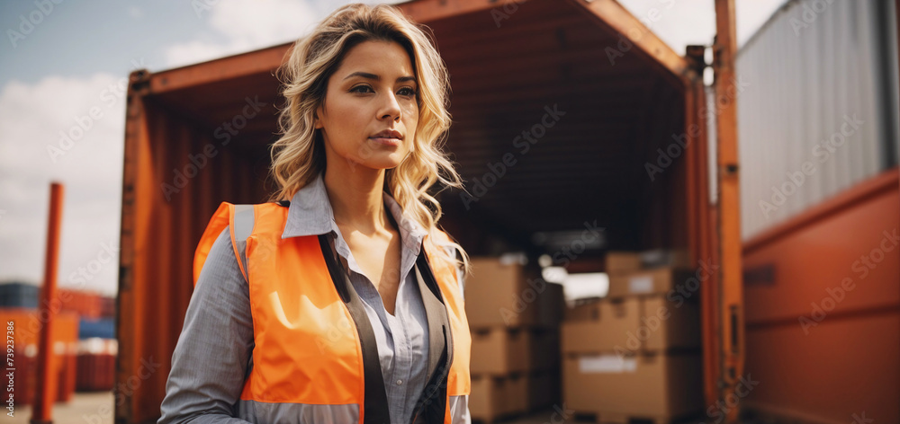 Fototapeta premium A female worker or female engineer works, looking at the camera. Behind is a shipping container. transportation industry concept.