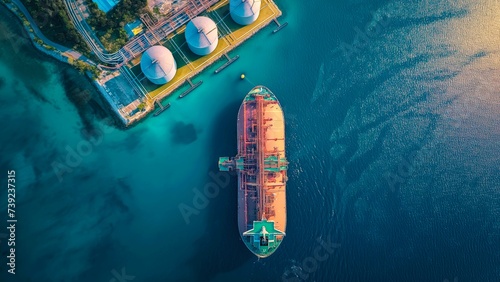Aerial view of an LNG (Liquified Natural Gas) tanker anchored at the small gas terminal island, surrounded by tanks for storage. photo