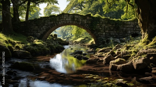 Old stone bridge over a countryside stream, lush vegetation, and clear water, conveying the charm and history of rural architecture, Photorealistic, s
