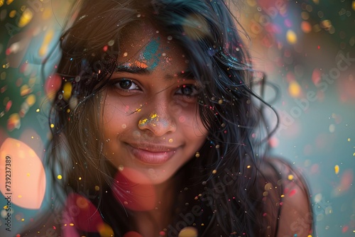 Beautiful Hindu Indian young girl celebrating Holi day. Portrait of happy woman on the street of a city in India, celebration of Festival of Colours, Love, and Spring