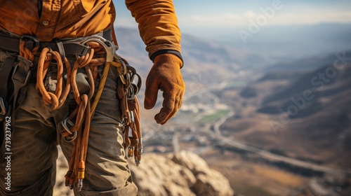 Rock climber gripping a challenging cliff face, close-up of hands and climbing gear, vast landscape below, emphasizing the determination and bravery i