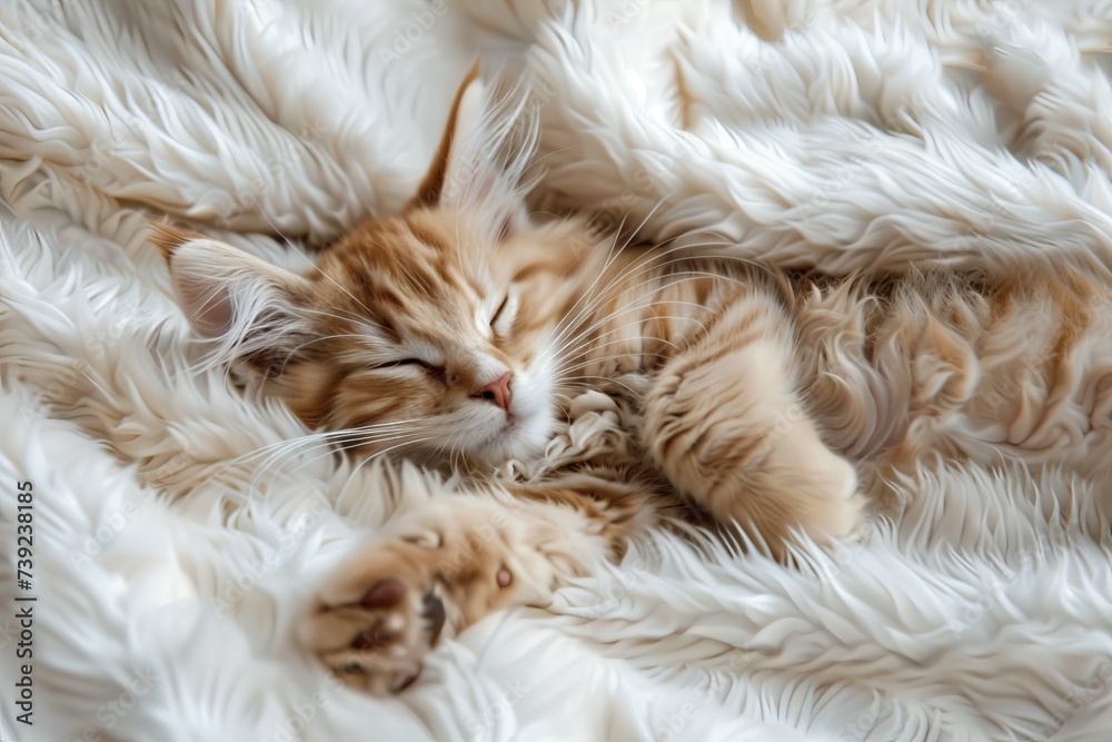 Fototapeta premium A cute little kitty comfortable lies on a white blanket. AI generative