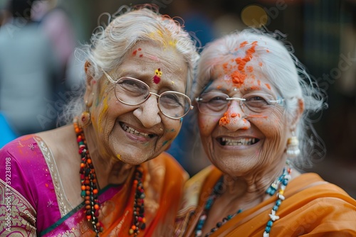 Two Beautiful Hindu Indian senior women celebrating Holi day. Portrait of happy women on the street of a city in India, celebration of Festival of Colours, Love, and Spring