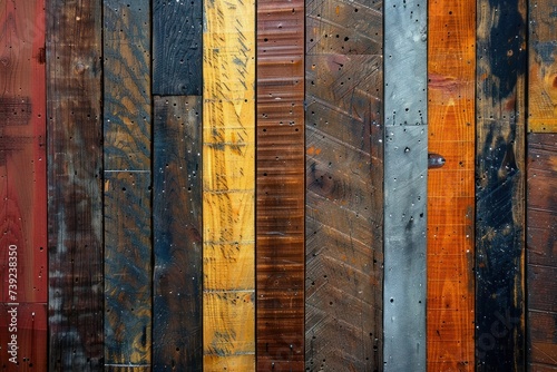 Unique character and eco-friendly texture are showcased in this reclaimed wood wall, featuring varied tones and marks