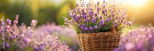 Wicker bag filled with lavender flowers in lavender fields. Banner.
