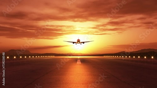Front view of an airplane landing during a beautiful golden sunset. 3D animation. 4k. photo