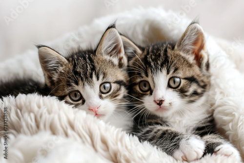 Two cute little kittens comfortable lie on a white blanket. AI generative