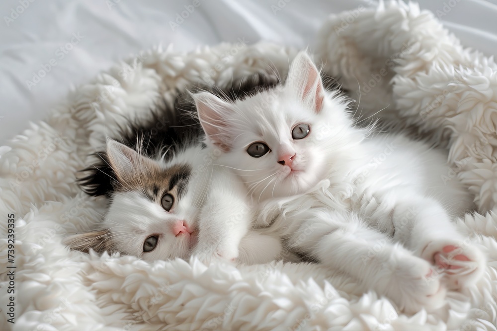 Two cute little kittens comfortable lie on a white blanket. AI generative