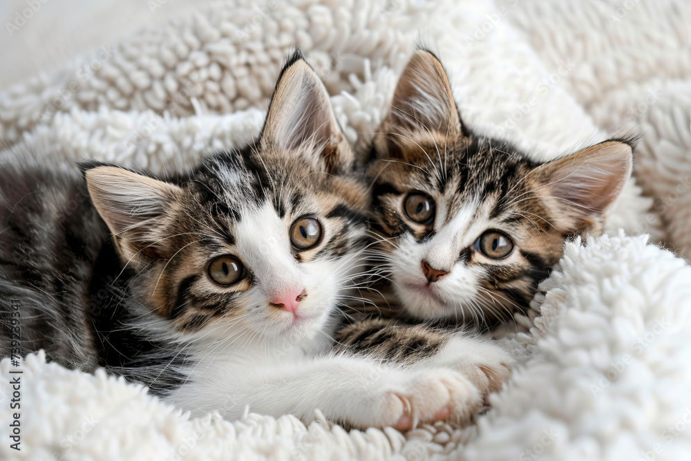 Two cute little kittens comfortable lie on a white blanket. AI generative Two cute little kittens comfortable lie on a white blanket. AI generative