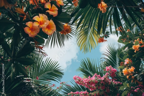 This tropical paradise features bright flowers and lush greenery  creating an exotic and colorful scene