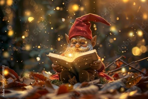 Mystical gnome reading ancient spell book by crystal ball glow dusk magic