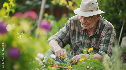 Gardening Bliss: A collection of images featuring an elderly man tending to his garden with care and passion, conveying the therapeutic joy of gardening, medium shot, hobby