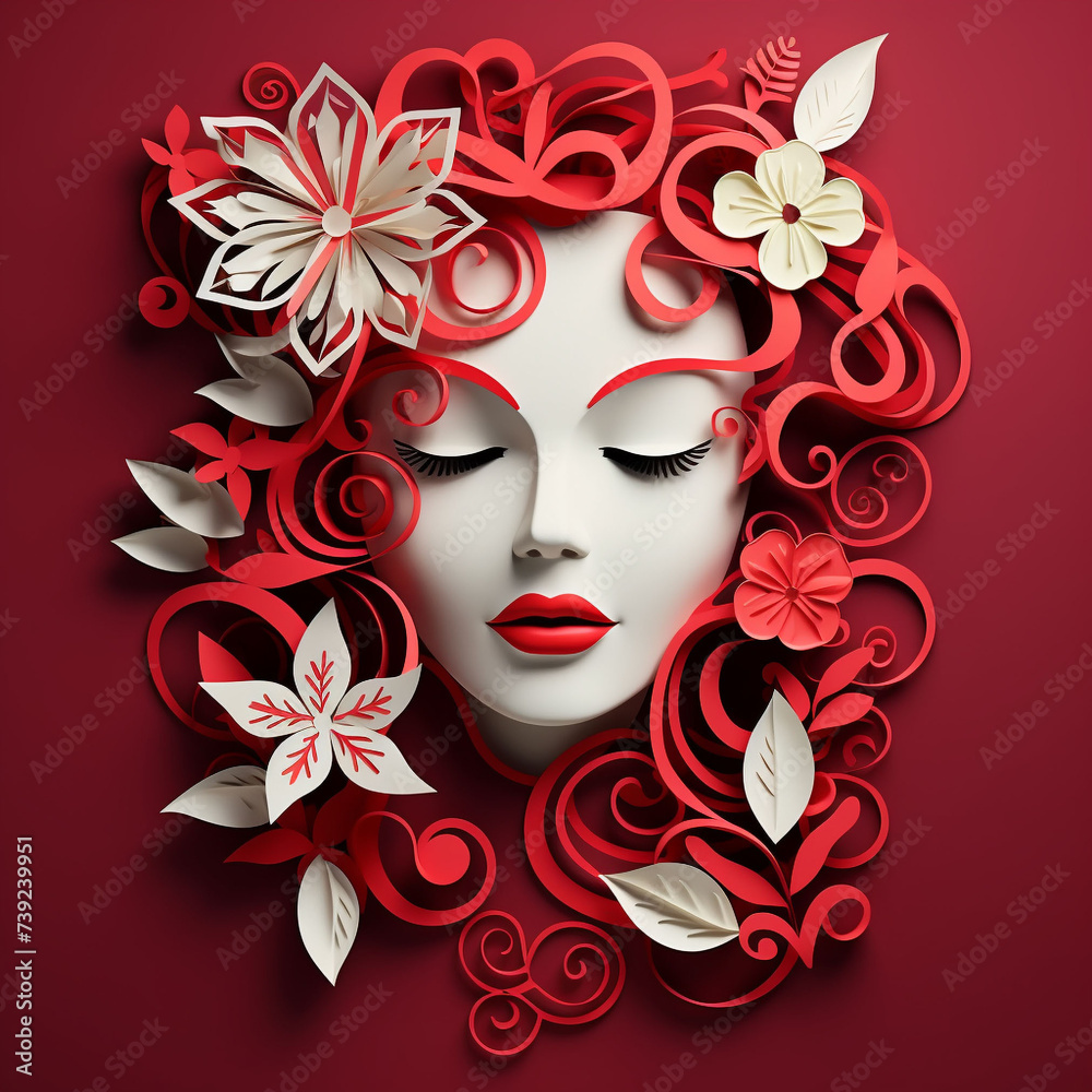 woman with flowers in hair red and white, woman day  card concept