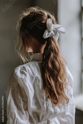 Women's hair tied with a scrunchie. Women's hair tie styles
