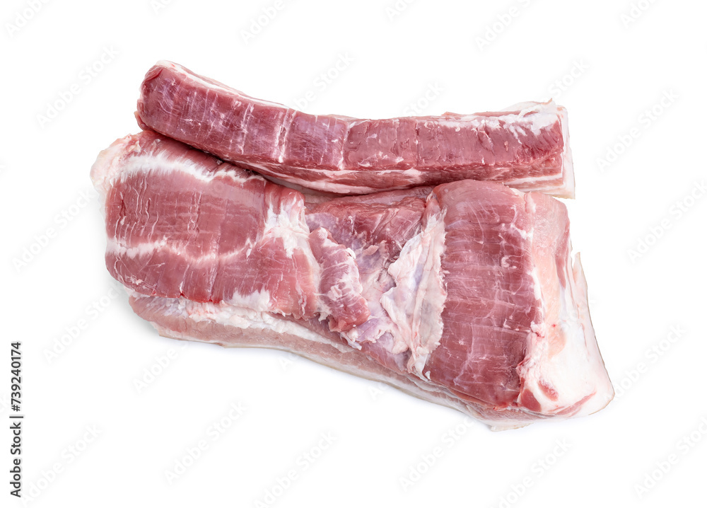 Pieces of raw pork belly isolated on white, top view Pieces of raw pork belly isolated on white, top view