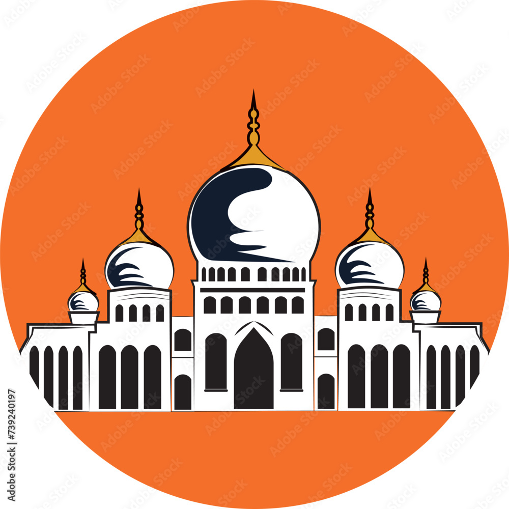 Silhouette of a mosque against a background of orange circles, source of Eid al-Adha and Eid al-Fitr images