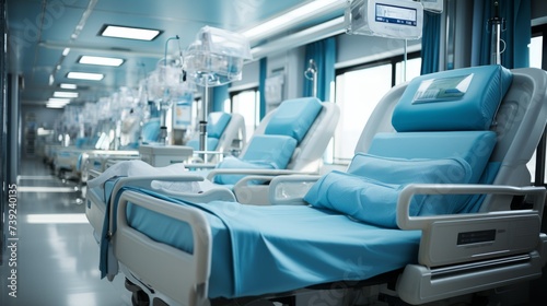 Row of empty hospital beds in a clean and well-lit ward, medical equipment and monitors, conveying the readiness and care in healthcare facilities, Ph
