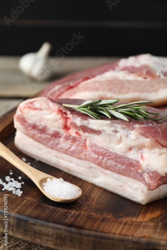 Pieces of raw pork belly, salt and rosemary on wooden board, closeup
