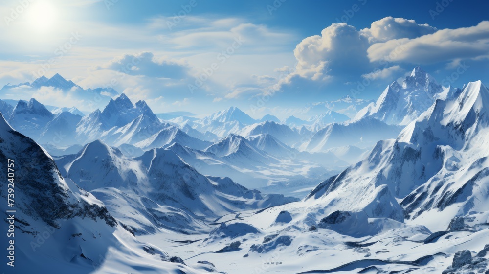 Snow-covered mountain range from the air, peaks and valleys highlighted, conveying the majesty and isolation of mountainous terrain, Photorealistic, d - obrazy, fototapety, plakaty 