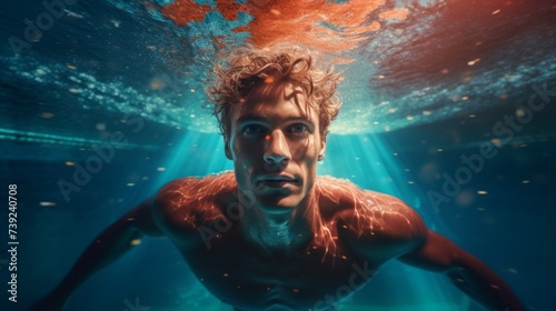 Close-up of a handsome athletic male swimmer swimming in a pool underwater. Healthy lifestyle, Training, Sports and preparation for the competition concept.